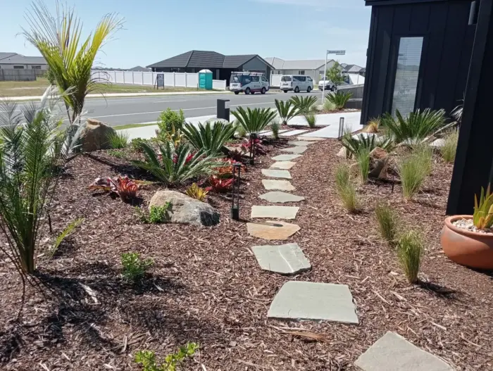 Freshly landscaped front garden with flagstone stepping stone path, mulched beds, cycads, palms, and ornamental grasses at a new build property in Northland, New Zealand