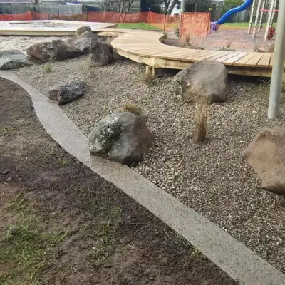 Rock garden and gravel pathway alongside new deck at Totara Grove School, Whangarei