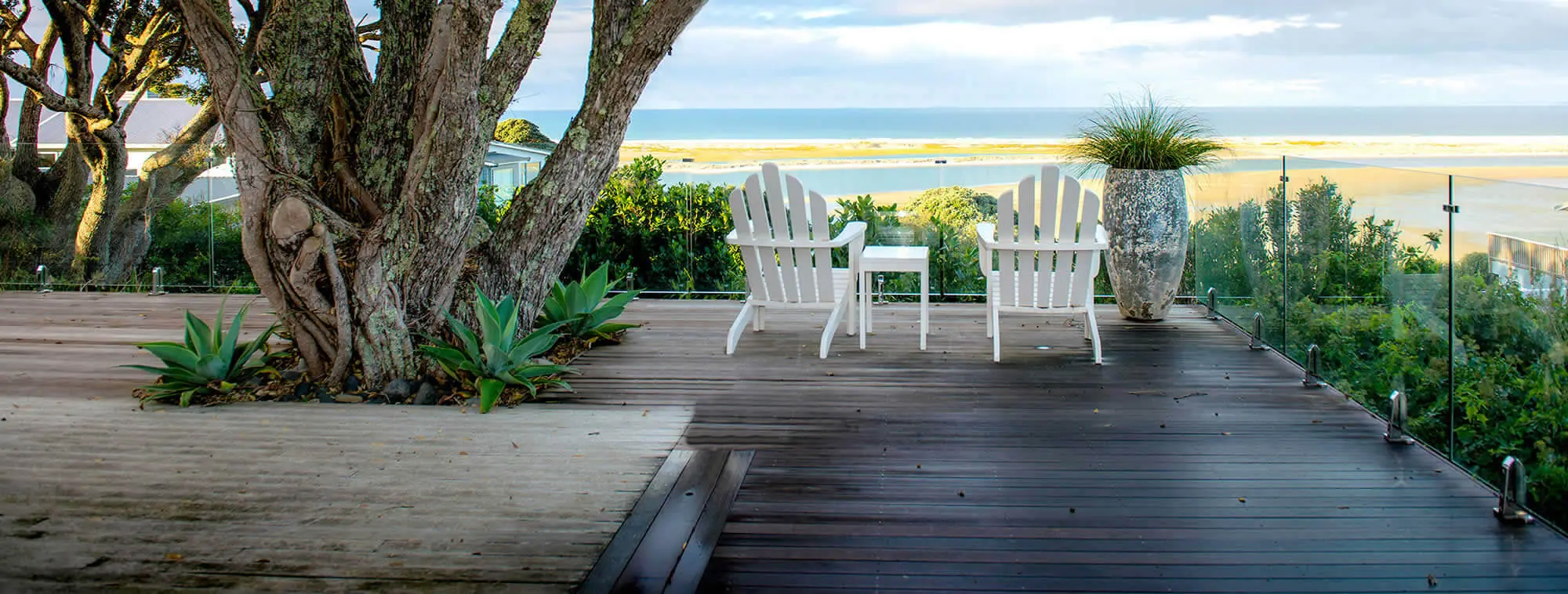 Decking and glass balustrade overlooking Mangawhai heads estuary