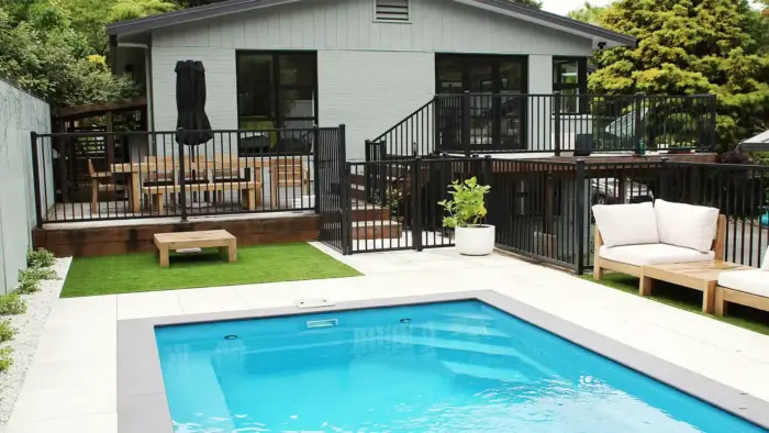 Outdoor living space design with a pool